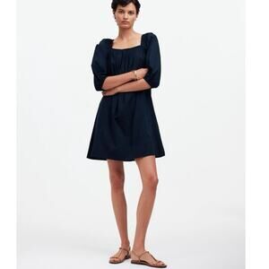 Madewell Square Neck Puff Sleeve Mini Dress Navy SZ 12 Babydoll Breezy Summer
